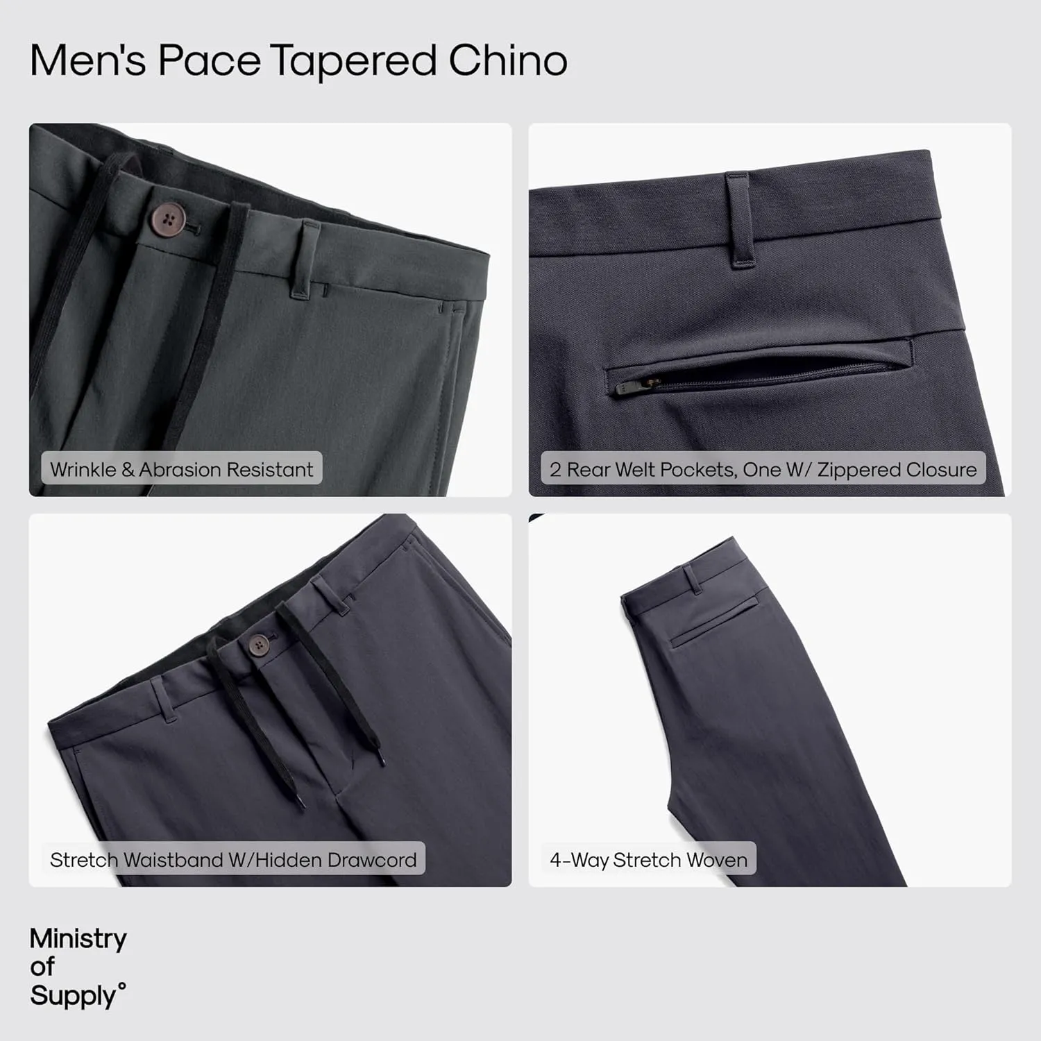 Ministry of Supply Men's Pace Tapered Chino, Stretchy, Slim, Fit Summer Pants, Chinos Pants for Travel, Work & Casual Wear