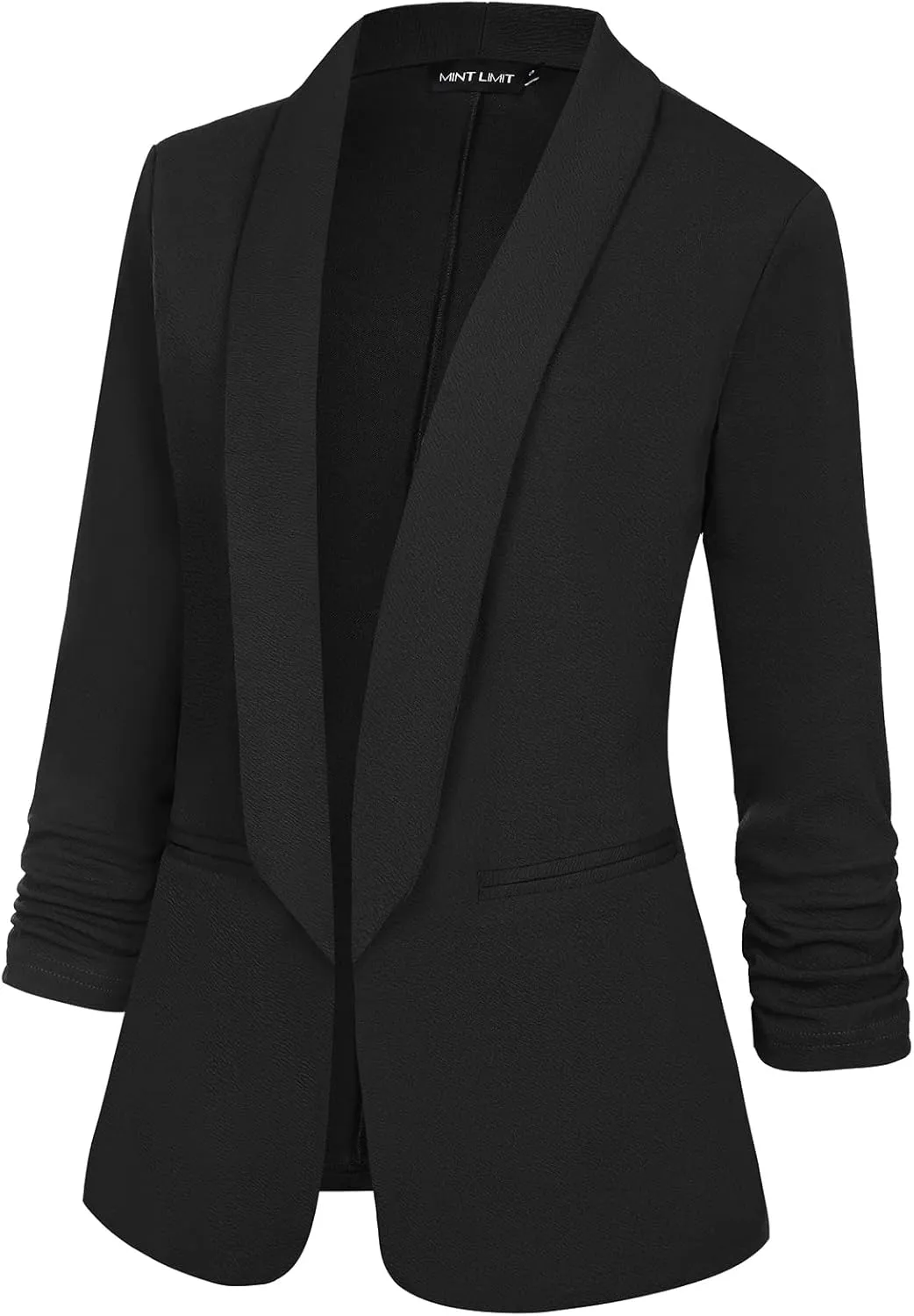MINTLIMIT Womens Open Front Casual Blazer 3/4 Ruched Sleeve Shawl Lapel Business Work Blazers Jackets with Pockets