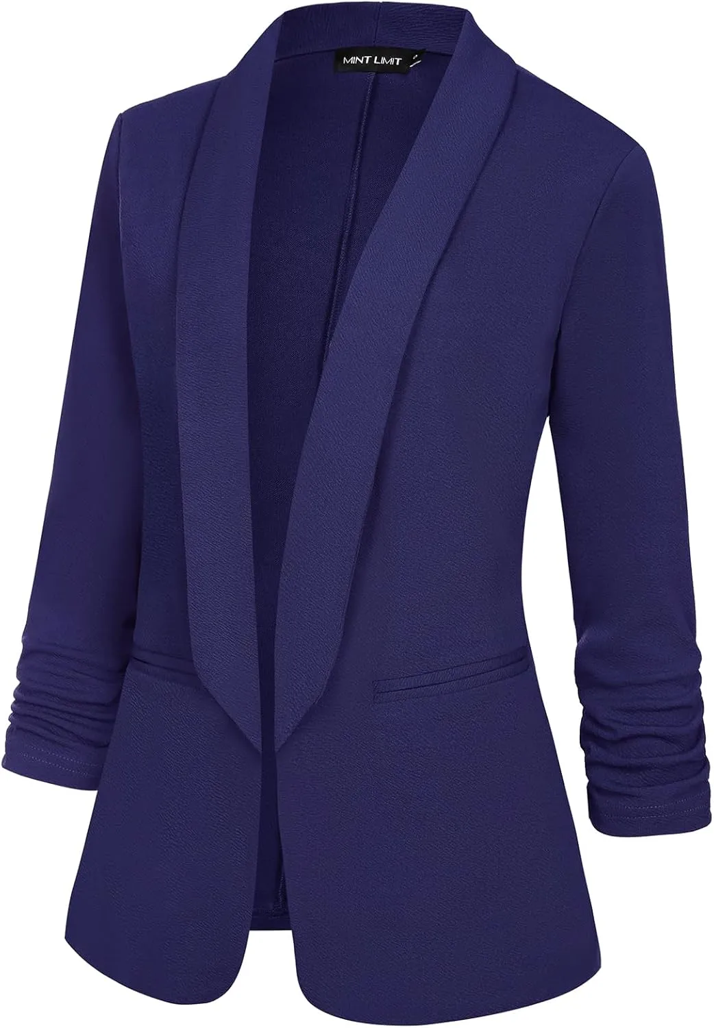 MINTLIMIT Womens Open Front Casual Blazer 3/4 Ruched Sleeve Shawl Lapel Business Work Blazers Jackets with Pockets