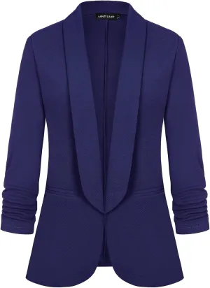 MINTLIMIT Womens Open Front Casual Blazer 3/4 Ruched Sleeve Shawl Lapel Business Work Blazers Jackets with Pockets