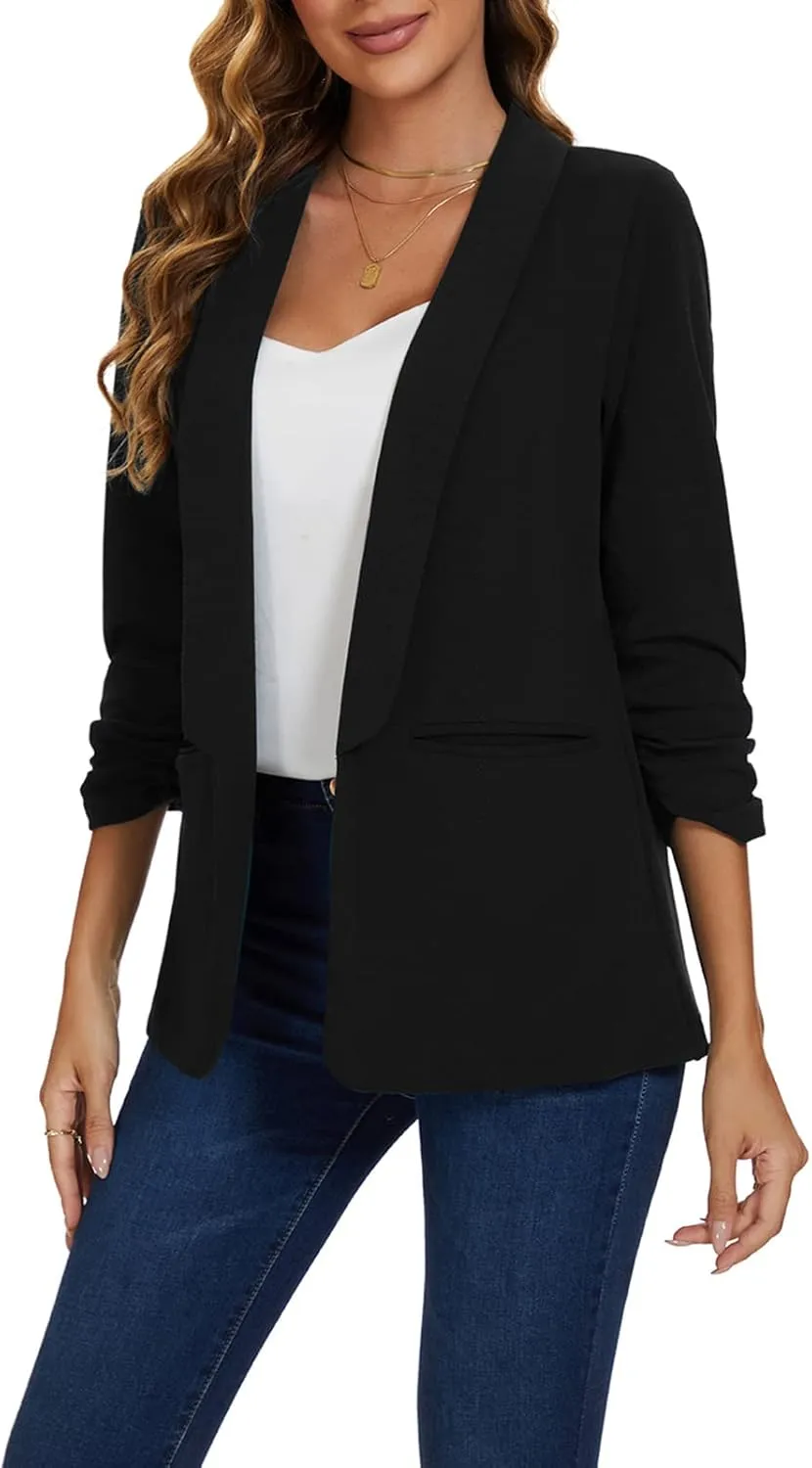MINTLIMIT Womens Open Front Casual Blazer 3/4 Ruched Sleeve Shawl Lapel Business Work Blazers Jackets with Pockets