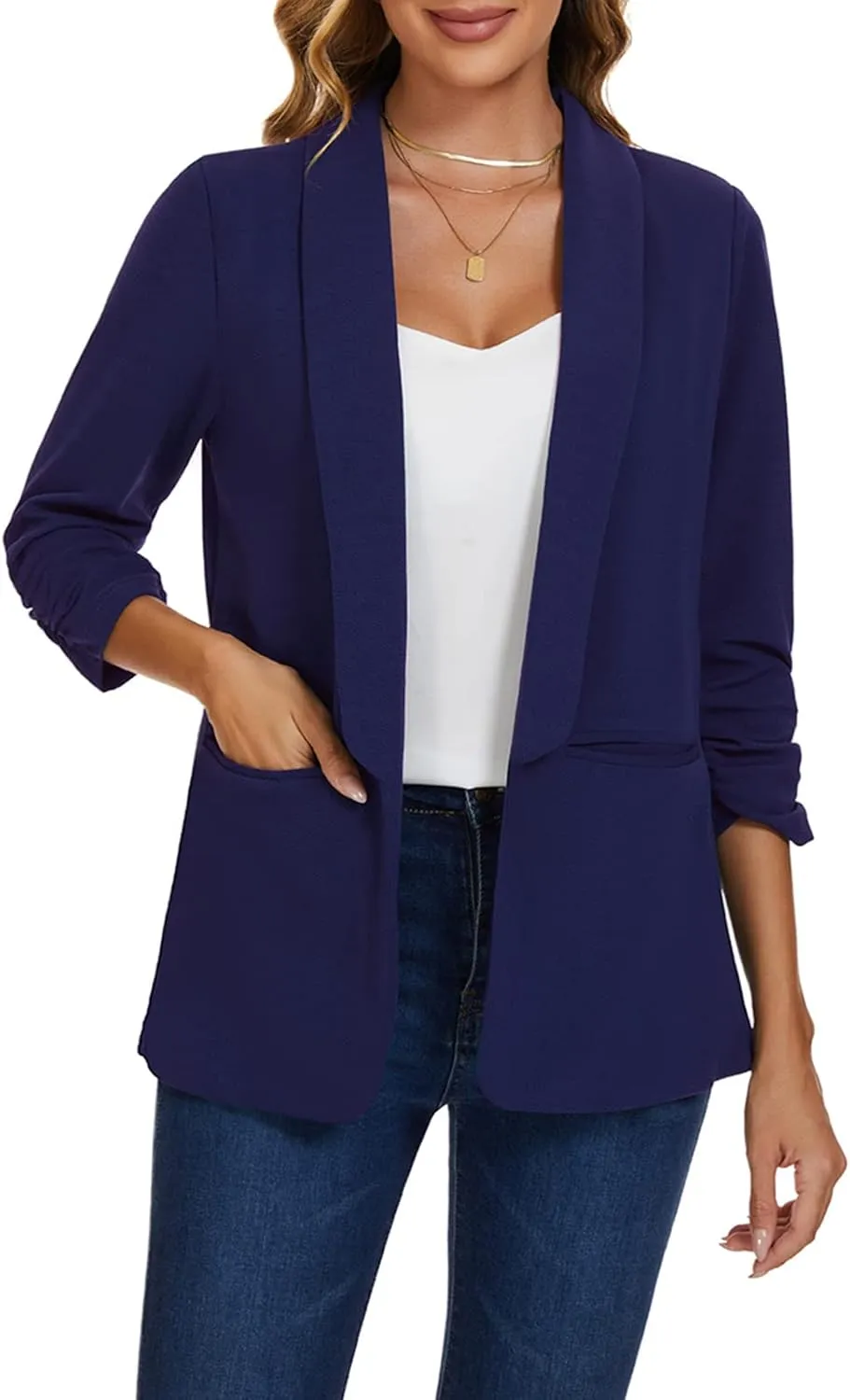 MINTLIMIT Womens Open Front Casual Blazer 3/4 Ruched Sleeve Shawl Lapel Business Work Blazers Jackets with Pockets