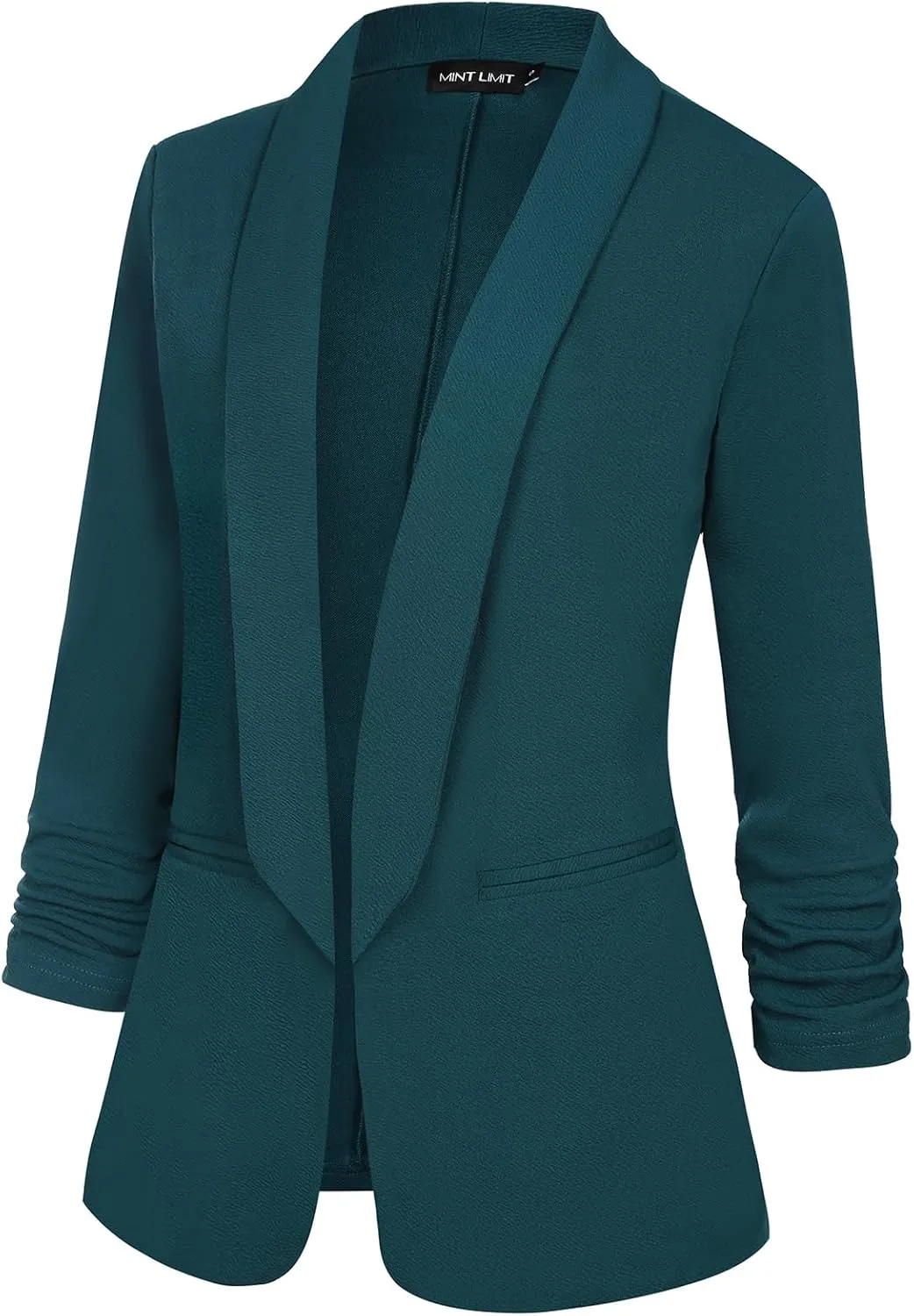 MINTLIMIT Womens Open Front Casual Blazer 3/4 Ruched Sleeve Shawl Lapel Business Work Blazers Jackets with Pockets