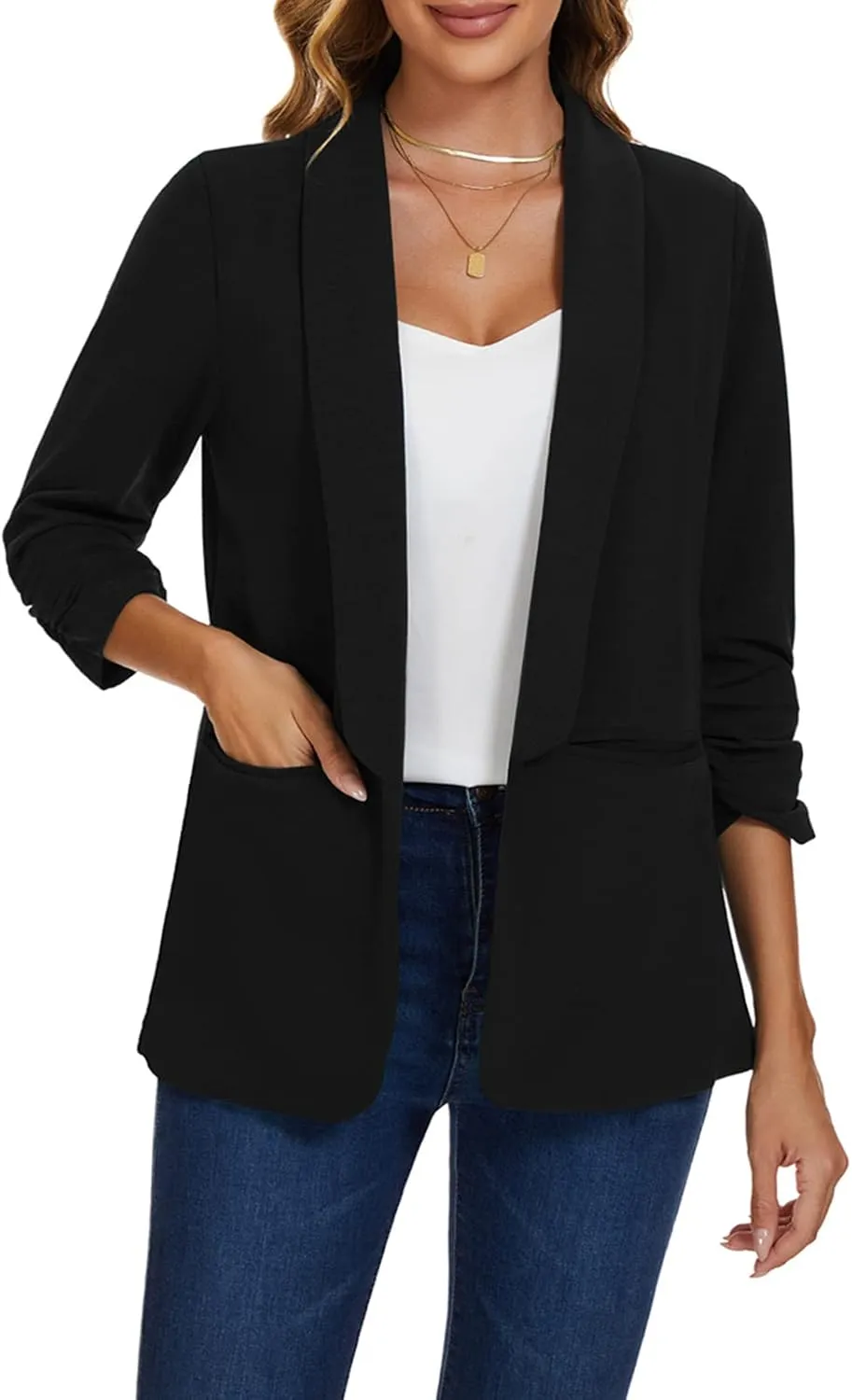 MINTLIMIT Womens Open Front Casual Blazer 3/4 Ruched Sleeve Shawl Lapel Business Work Blazers Jackets with Pockets