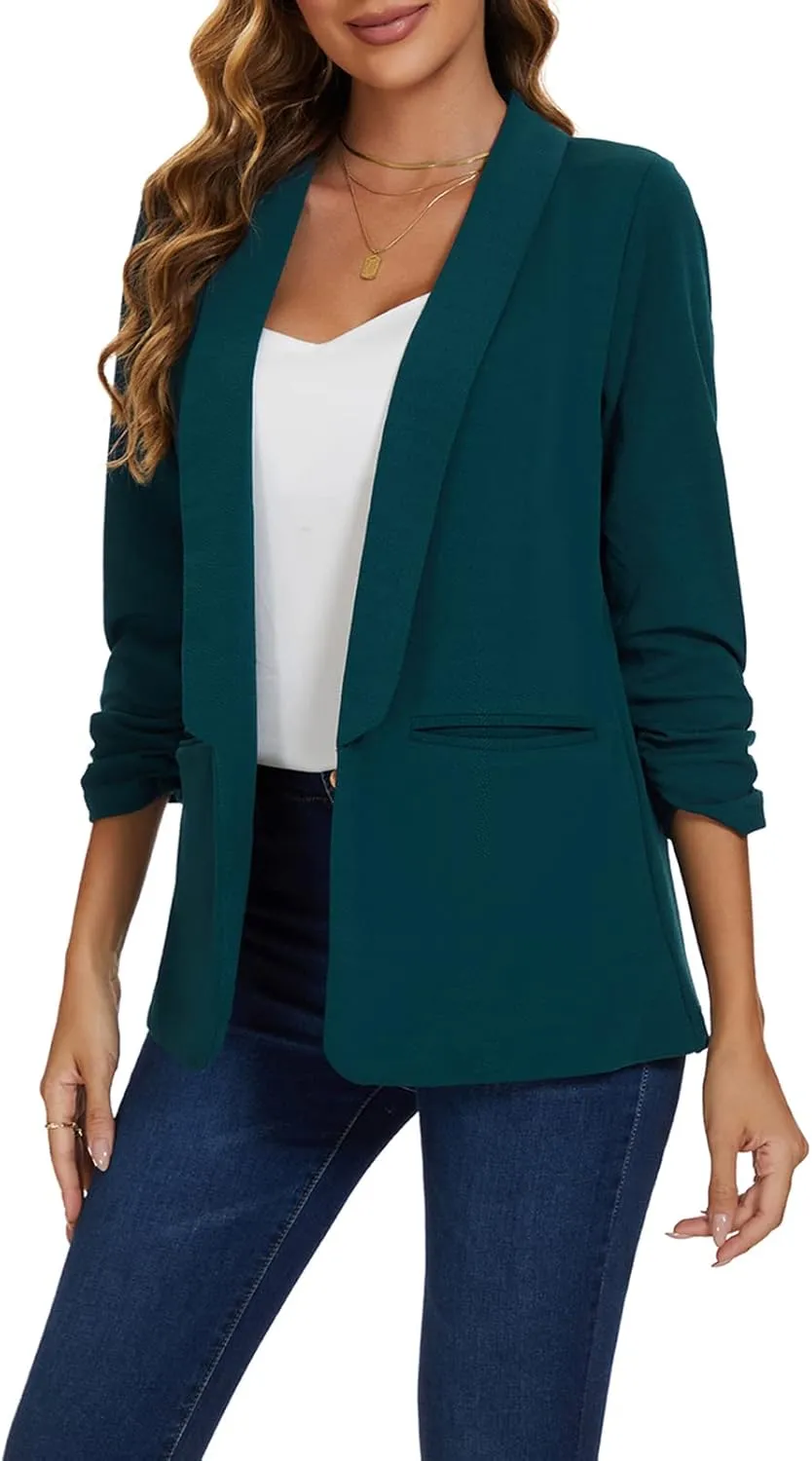 MINTLIMIT Womens Open Front Casual Blazer 3/4 Ruched Sleeve Shawl Lapel Business Work Blazers Jackets with Pockets