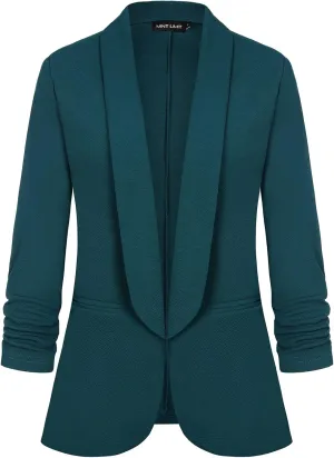 MINTLIMIT Womens Open Front Casual Blazer 3/4 Ruched Sleeve Shawl Lapel Business Work Blazers Jackets with Pockets