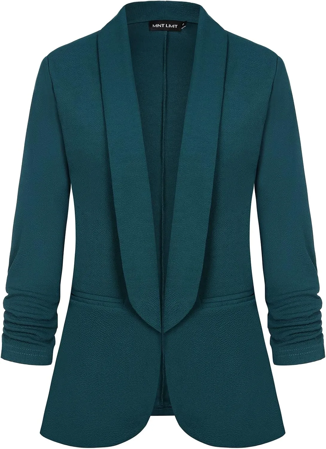 MINTLIMIT Womens Open Front Casual Blazer 3/4 Ruched Sleeve Shawl Lapel Business Work Blazers Jackets with Pockets