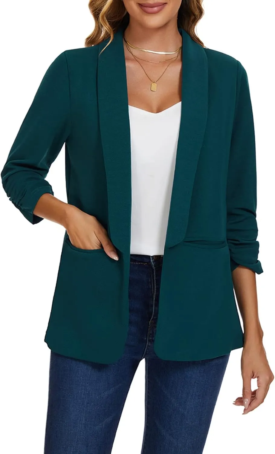 MINTLIMIT Womens Open Front Casual Blazer 3/4 Ruched Sleeve Shawl Lapel Business Work Blazers Jackets with Pockets