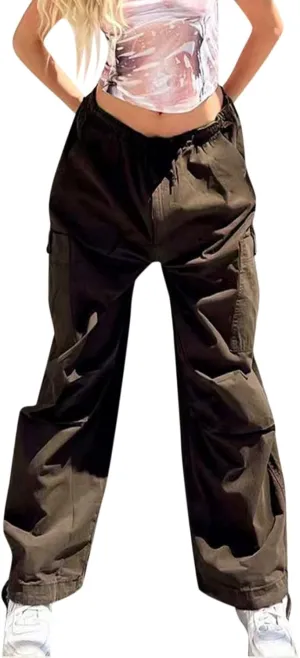 Miyaomn Women's Baggy Low Waist Parachute Cargo Pants Solid Casual Drawstring Adjustable Bottom Joggers Trousers with Pockets