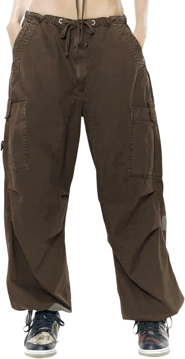 Miyaomn Women's Baggy Low Waist Parachute Cargo Pants Solid Casual Drawstring Adjustable Bottom Joggers Trousers with Pockets
