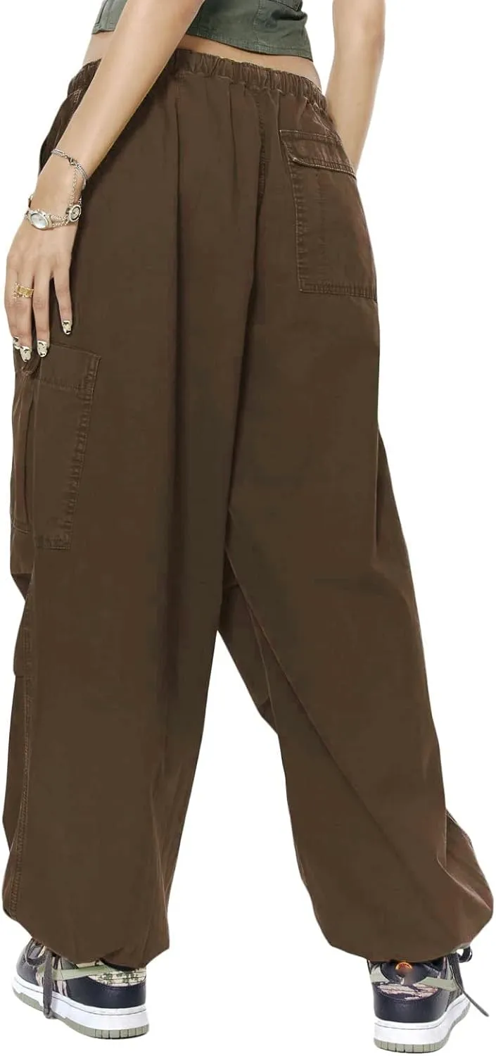 Miyaomn Women's Baggy Low Waist Parachute Cargo Pants Solid Casual Drawstring Adjustable Bottom Joggers Trousers with Pockets