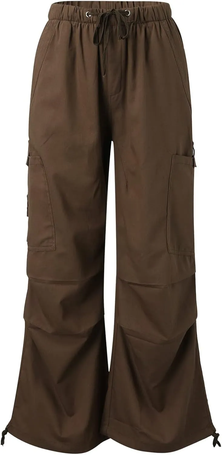 Miyaomn Women's Baggy Low Waist Parachute Cargo Pants Solid Casual Drawstring Adjustable Bottom Joggers Trousers with Pockets