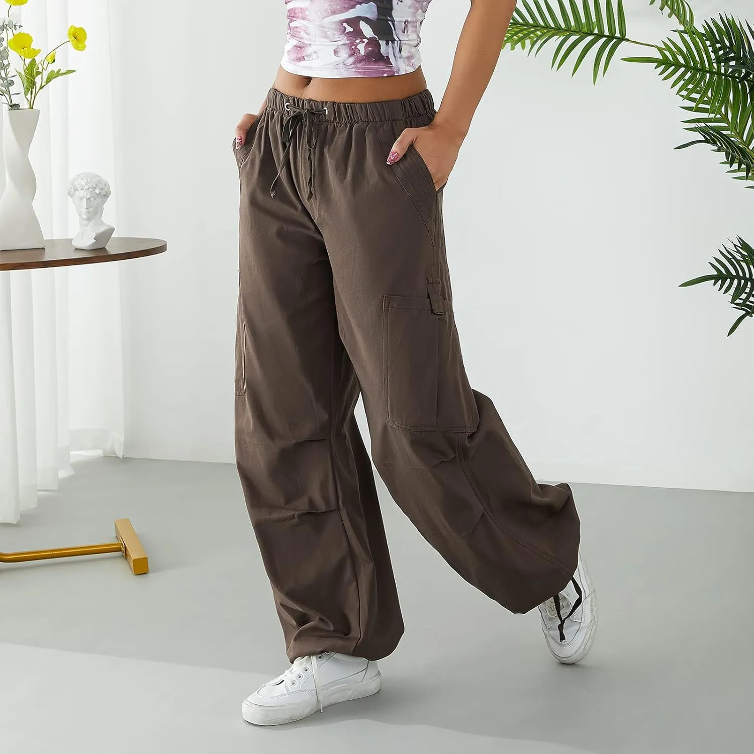 Miyaomn Women's Baggy Low Waist Parachute Cargo Pants Solid Casual Drawstring Adjustable Bottom Joggers Trousers with Pockets