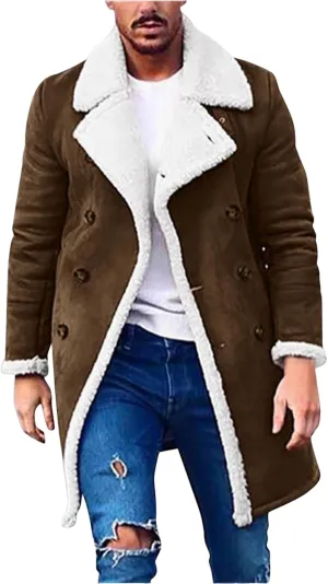 Mmoneyake Men's Shearling Leather Coat Faux Suede Sherpa Lined Sheepskin Jacket Fur Collar Long Trench Coats Soft Overcoat