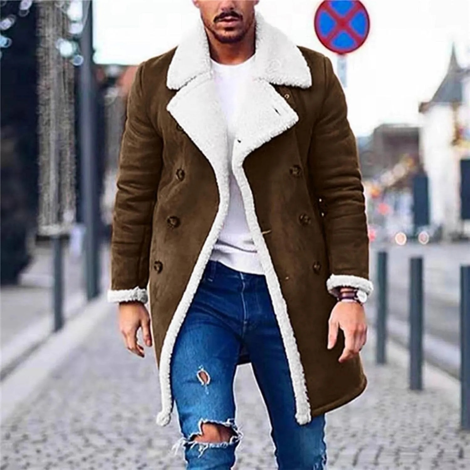 Mmoneyake Men's Shearling Leather Coat Faux Suede Sherpa Lined Sheepskin Jacket Fur Collar Long Trench Coats Soft Overcoat