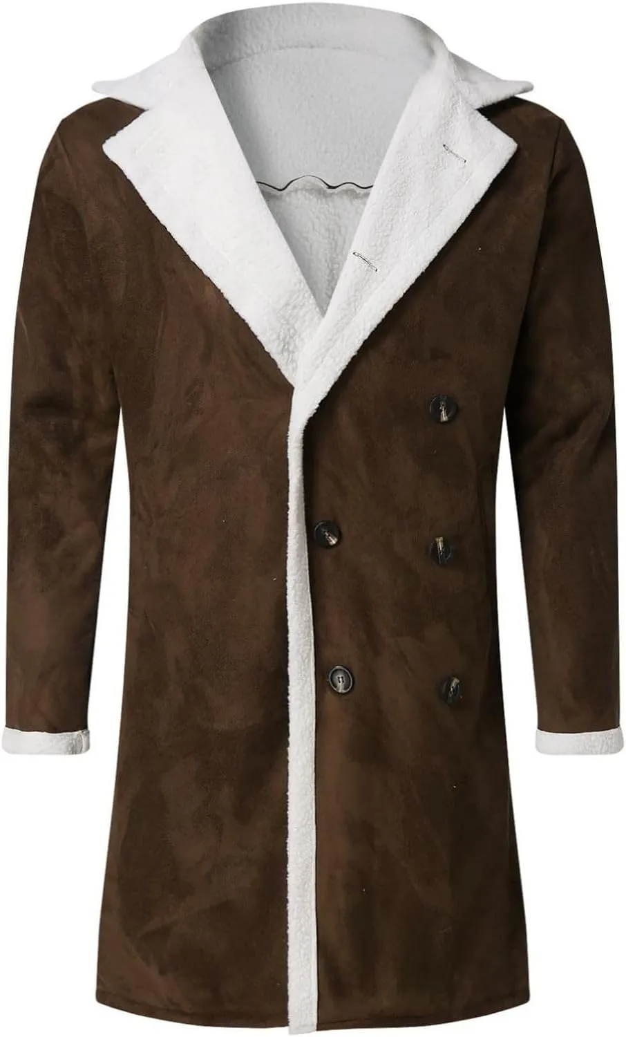 Mmoneyake Men's Shearling Leather Coat Faux Suede Sherpa Lined Sheepskin Jacket Fur Collar Long Trench Coats Soft Overcoat