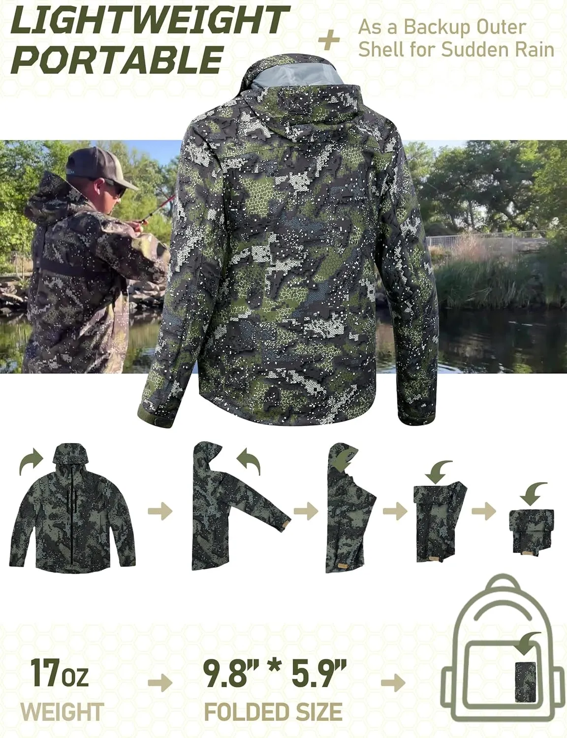 NEW VIEW Lightweight Rain Jackets for Men Waterproof with Hood, Hard Shell Stretch Rain Coat for Outdoor Travel