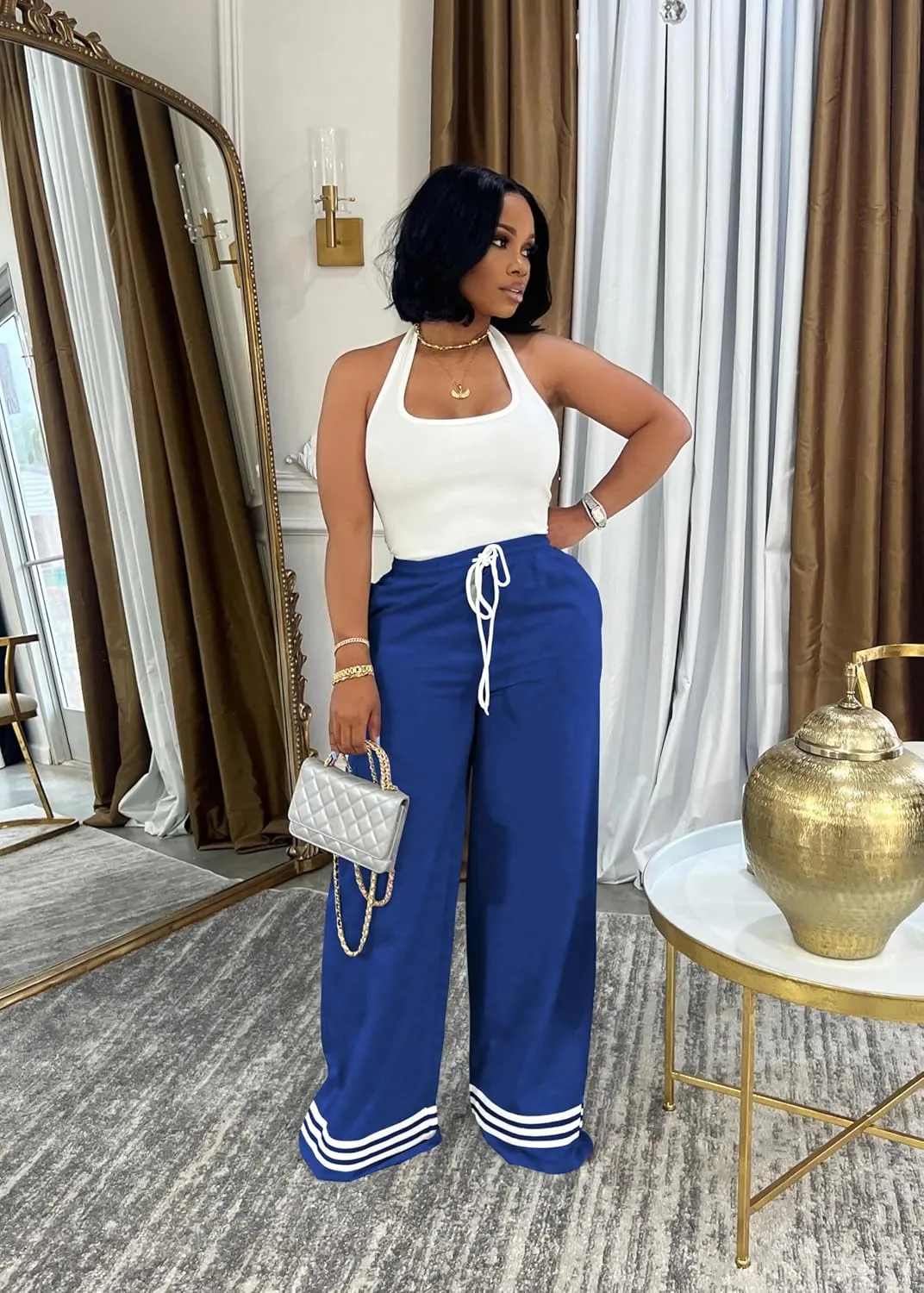 Nimsruc Wide Leg Sweatpants for Women High Waisted Drawstring Casual Loose Long Pants with Pockets