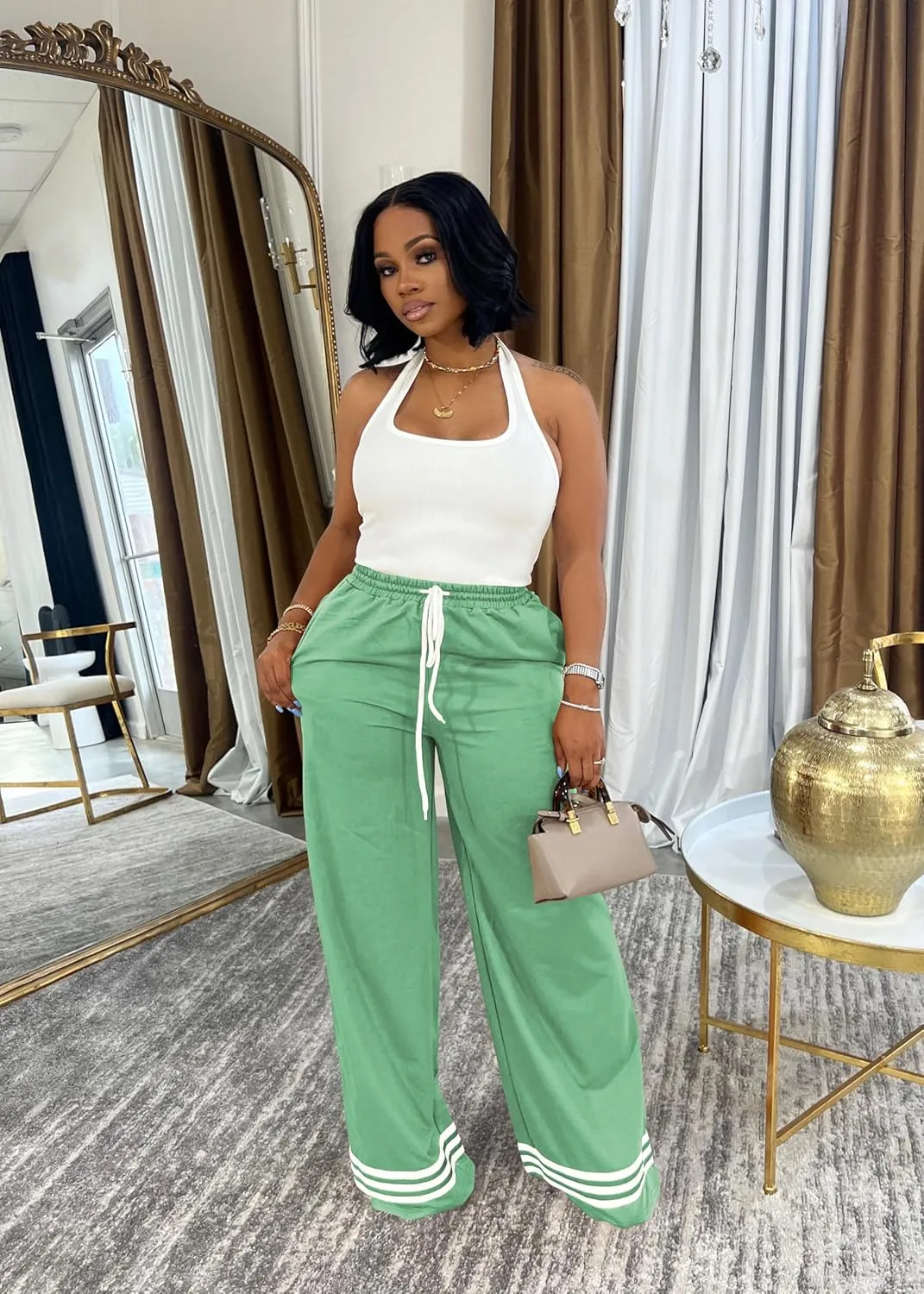 Nimsruc Wide Leg Sweatpants for Women High Waisted Drawstring Casual Loose Long Pants with Pockets
