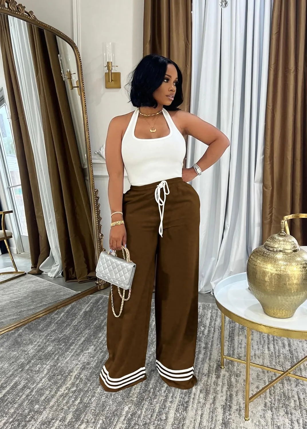 Nimsruc Wide Leg Sweatpants for Women High Waisted Drawstring Casual Loose Long Pants with Pockets