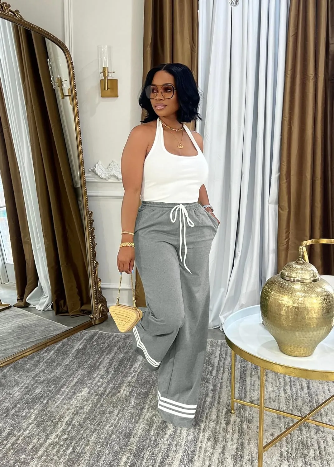 Nimsruc Wide Leg Sweatpants for Women High Waisted Drawstring Casual Loose Long Pants with Pockets