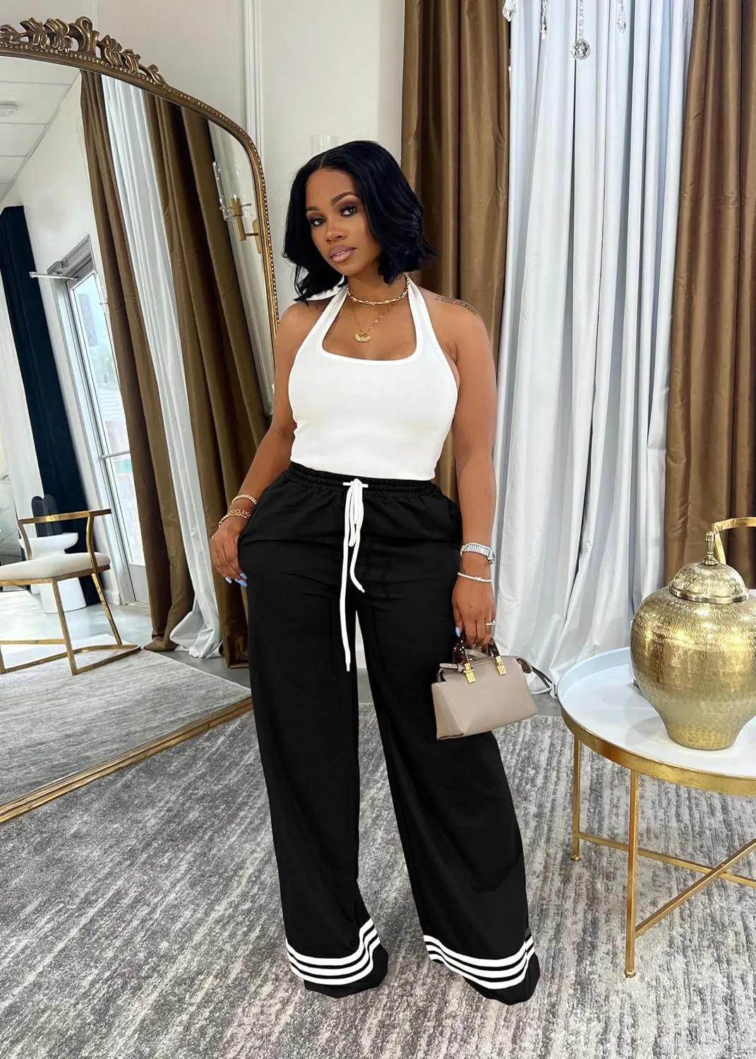 Nimsruc Wide Leg Sweatpants for Women High Waisted Drawstring Casual Loose Long Pants with Pockets