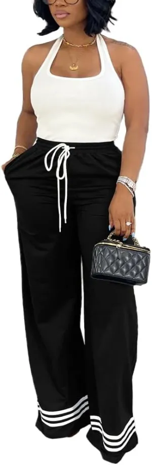 Nimsruc Wide Leg Sweatpants for Women High Waisted Drawstring Casual Loose Long Pants with Pockets