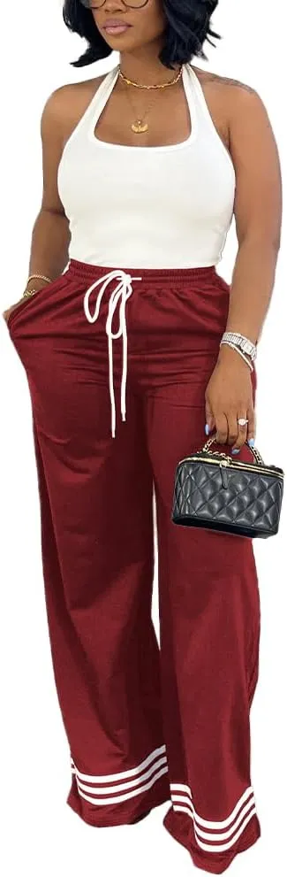 Nimsruc Wide Leg Sweatpants for Women High Waisted Drawstring Casual Loose Long Pants with Pockets