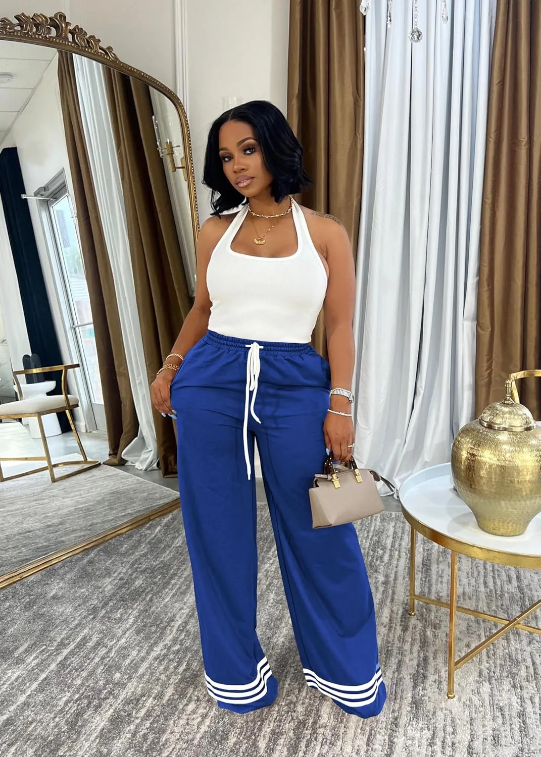 Nimsruc Wide Leg Sweatpants for Women High Waisted Drawstring Casual Loose Long Pants with Pockets