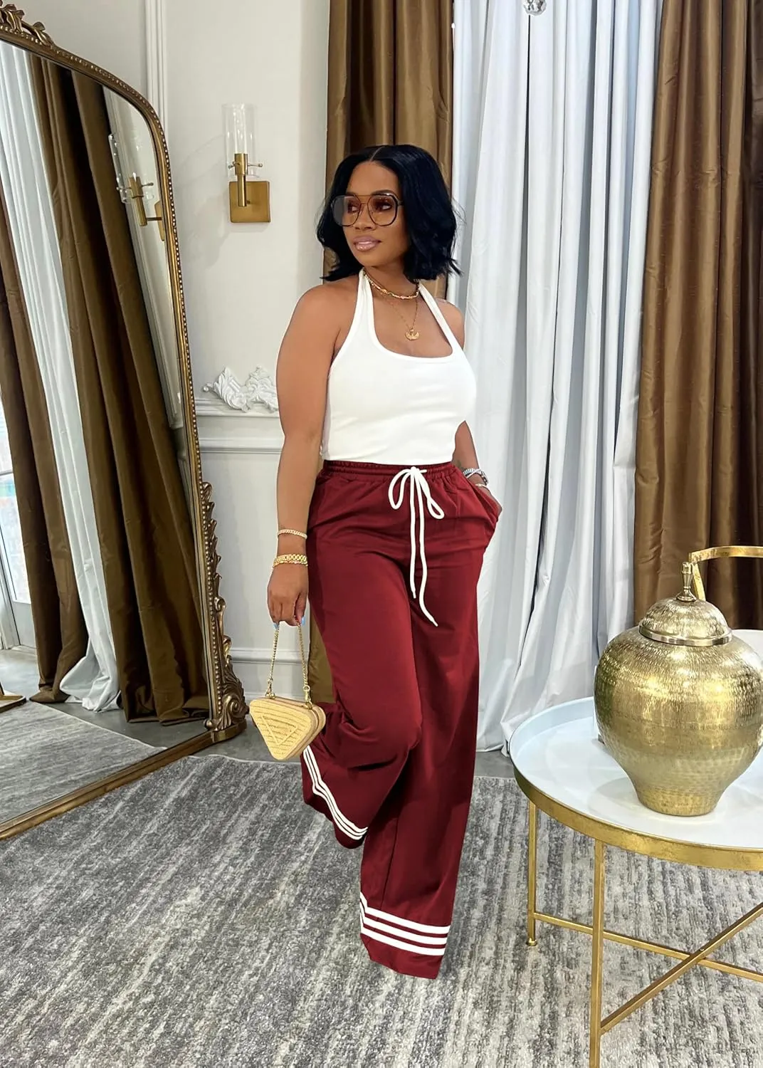 Nimsruc Wide Leg Sweatpants for Women High Waisted Drawstring Casual Loose Long Pants with Pockets