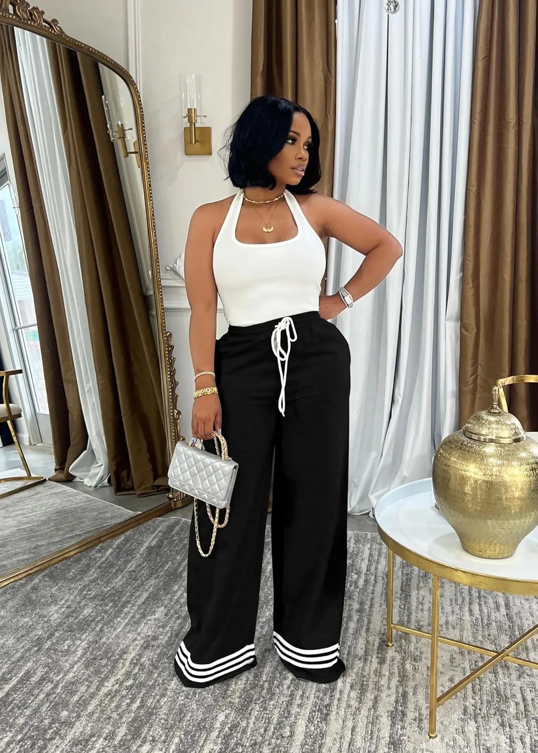 Nimsruc Wide Leg Sweatpants for Women High Waisted Drawstring Casual Loose Long Pants with Pockets