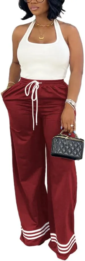 Nimsruc Wide Leg Sweatpants for Women High Waisted Drawstring Casual Loose Long Pants with Pockets