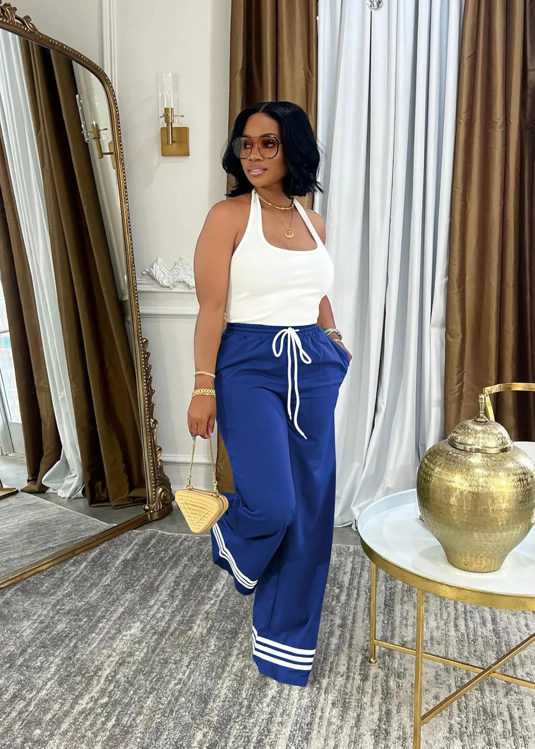 Nimsruc Wide Leg Sweatpants for Women High Waisted Drawstring Casual Loose Long Pants with Pockets