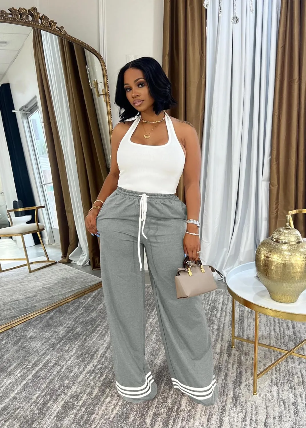 Nimsruc Wide Leg Sweatpants for Women High Waisted Drawstring Casual Loose Long Pants with Pockets