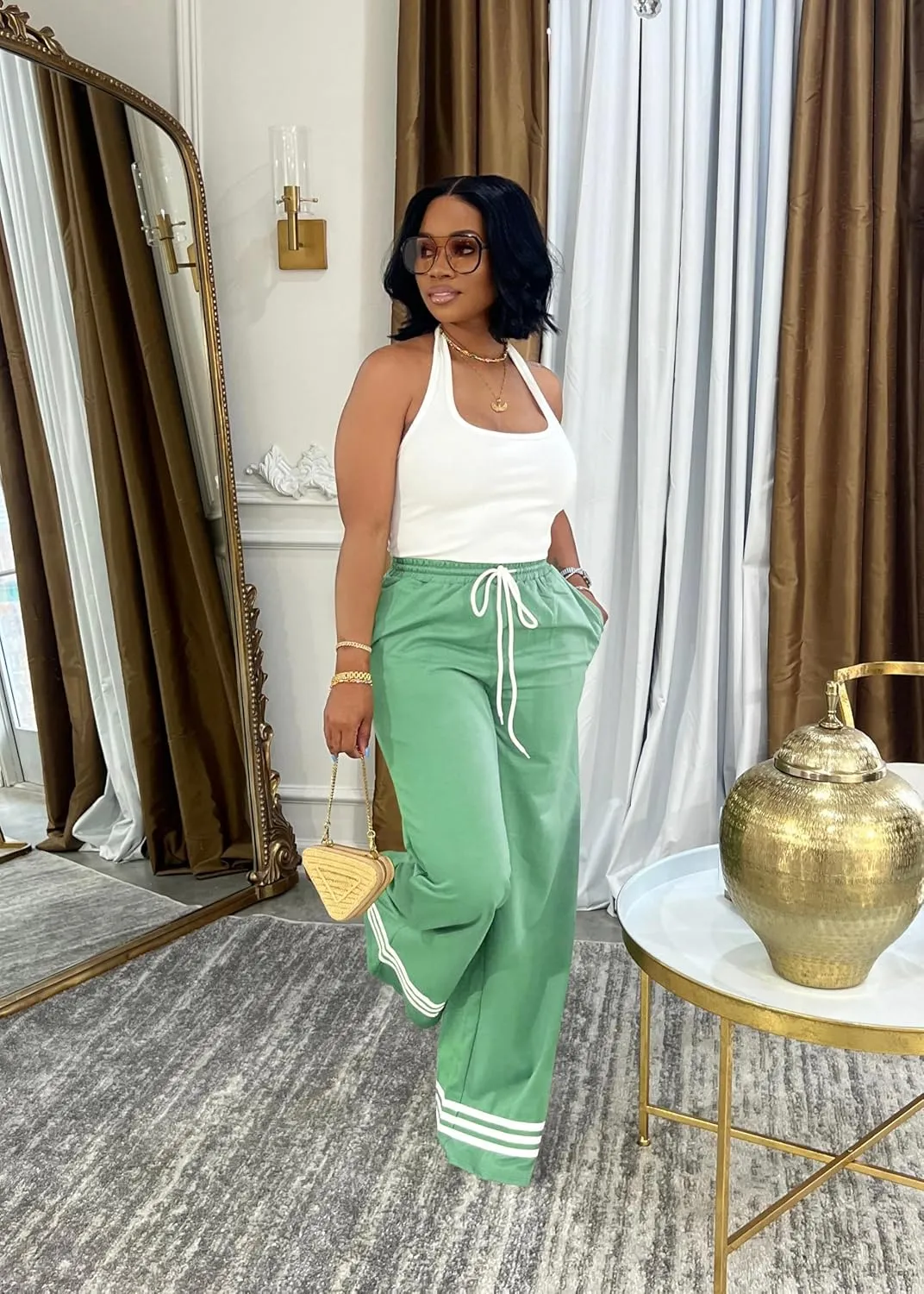 Nimsruc Wide Leg Sweatpants for Women High Waisted Drawstring Casual Loose Long Pants with Pockets