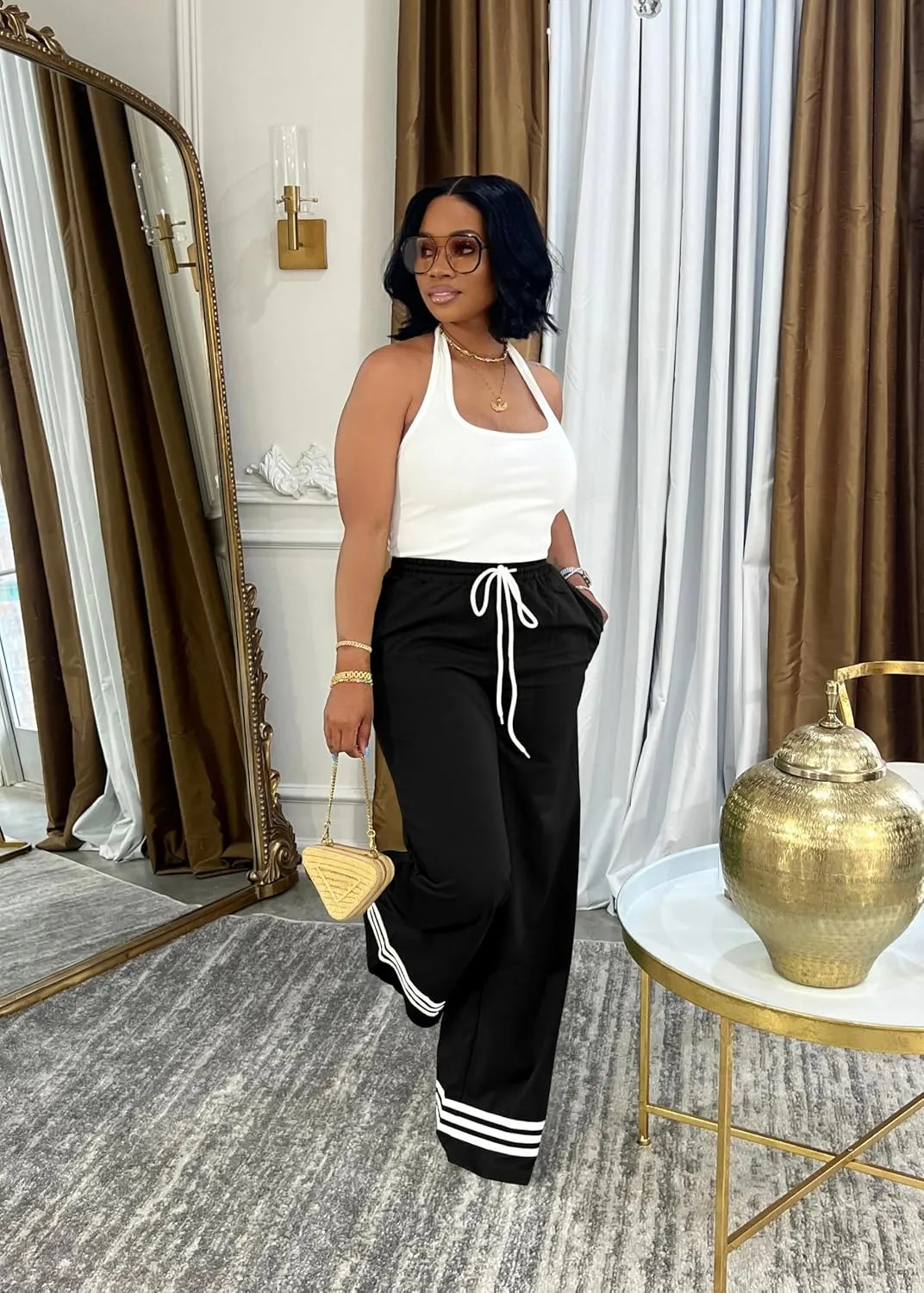Nimsruc Wide Leg Sweatpants for Women High Waisted Drawstring Casual Loose Long Pants with Pockets