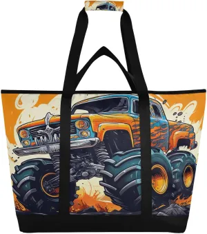 Orange Monster Truck Tote Bag for Women with Zipper Reusable Grocery Bags Foldable Insulated Cooler Bag Shopping Bags Handbags Totes for Groceries Picnic Beach Travel Work