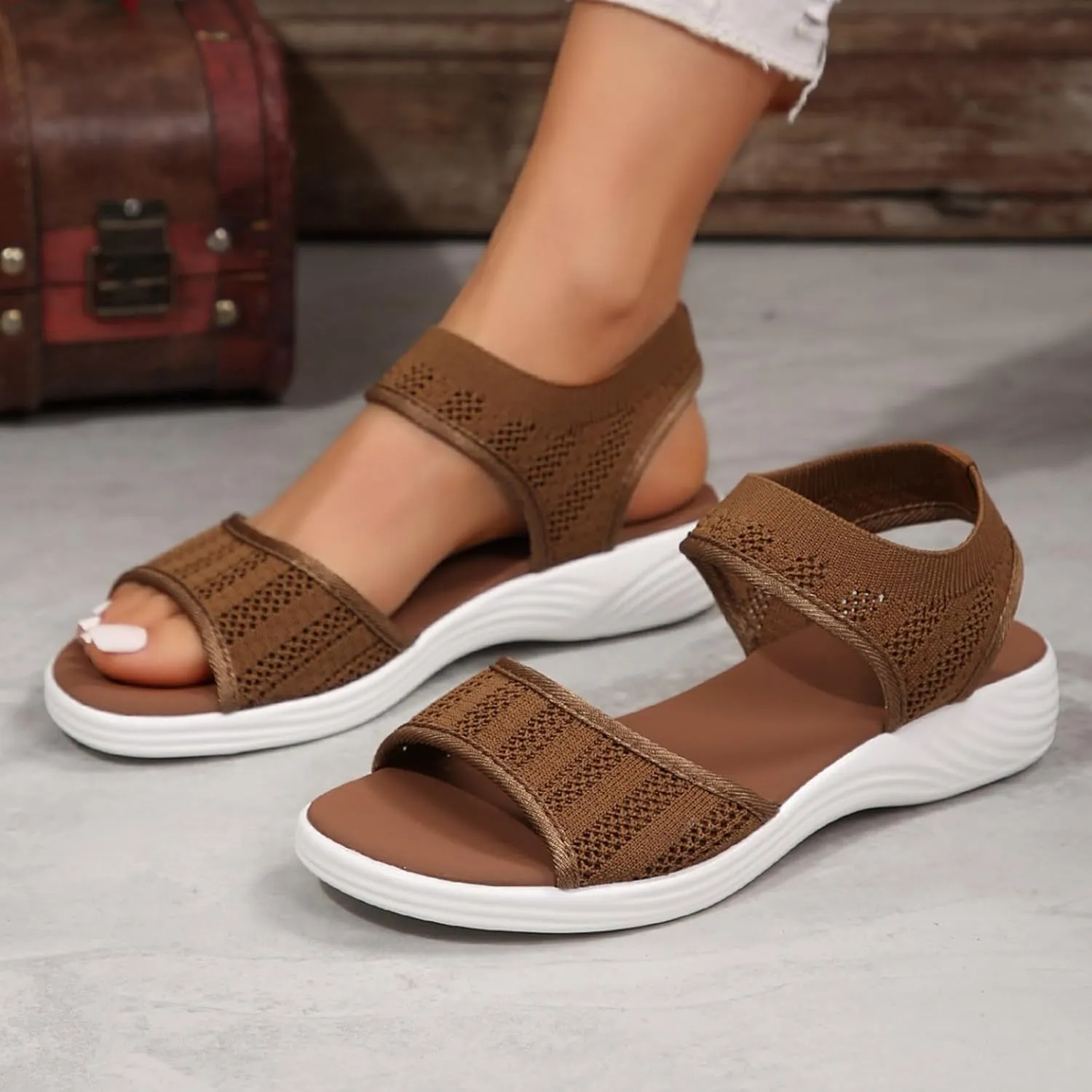 Orthopedic Wedge Sandals for Women Dressy Summer 2025 Comfortable Walking for Women's Slip On Loafers Knitted Mesh Thick Heel Fish Mouth Elastic Strap Mule Breathable Shoes Wedges Canvas Sneakers