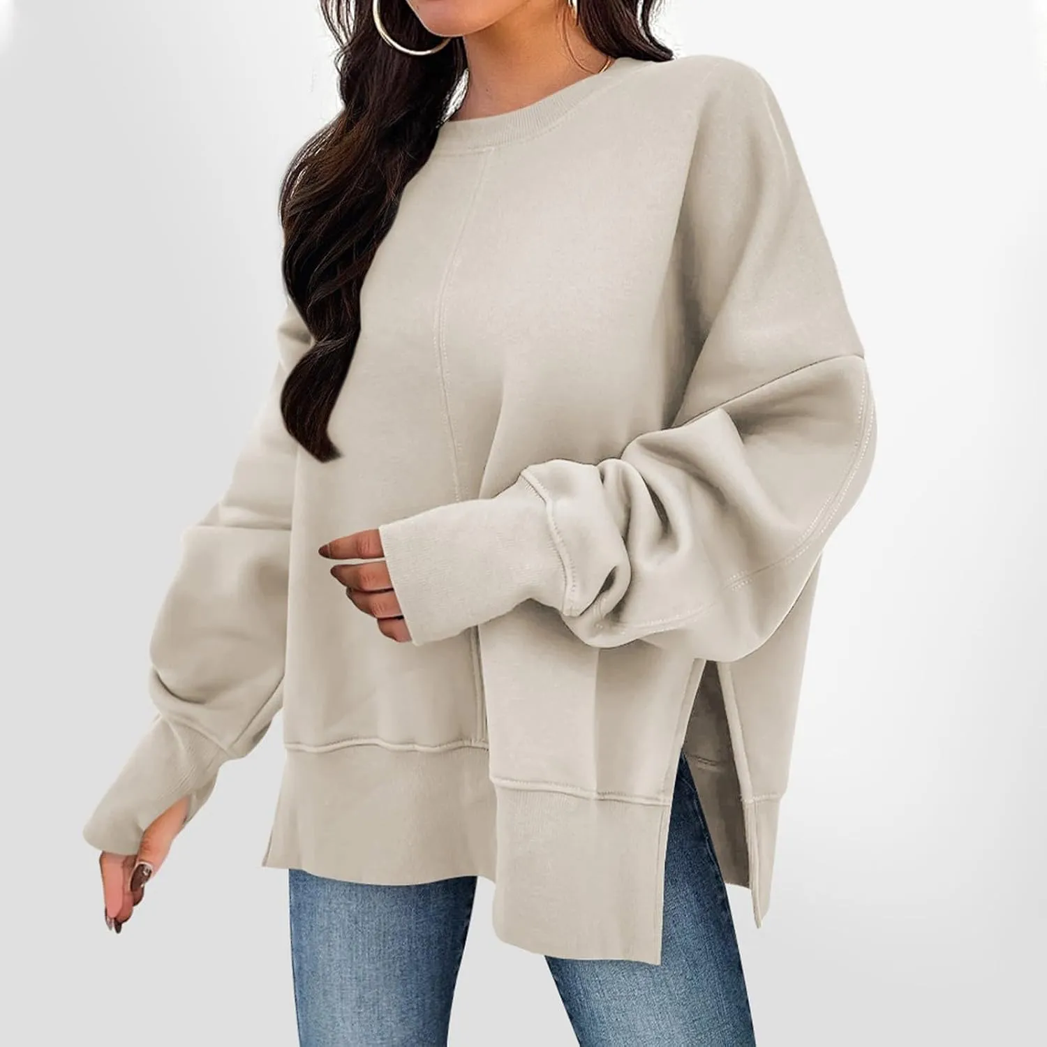 Oversized Crewneck Sweatshirts Women Side Slit Sweatshirt Cute Y2k Tops Preppy Long Sleeve Sweatshirt with Thumb Holes