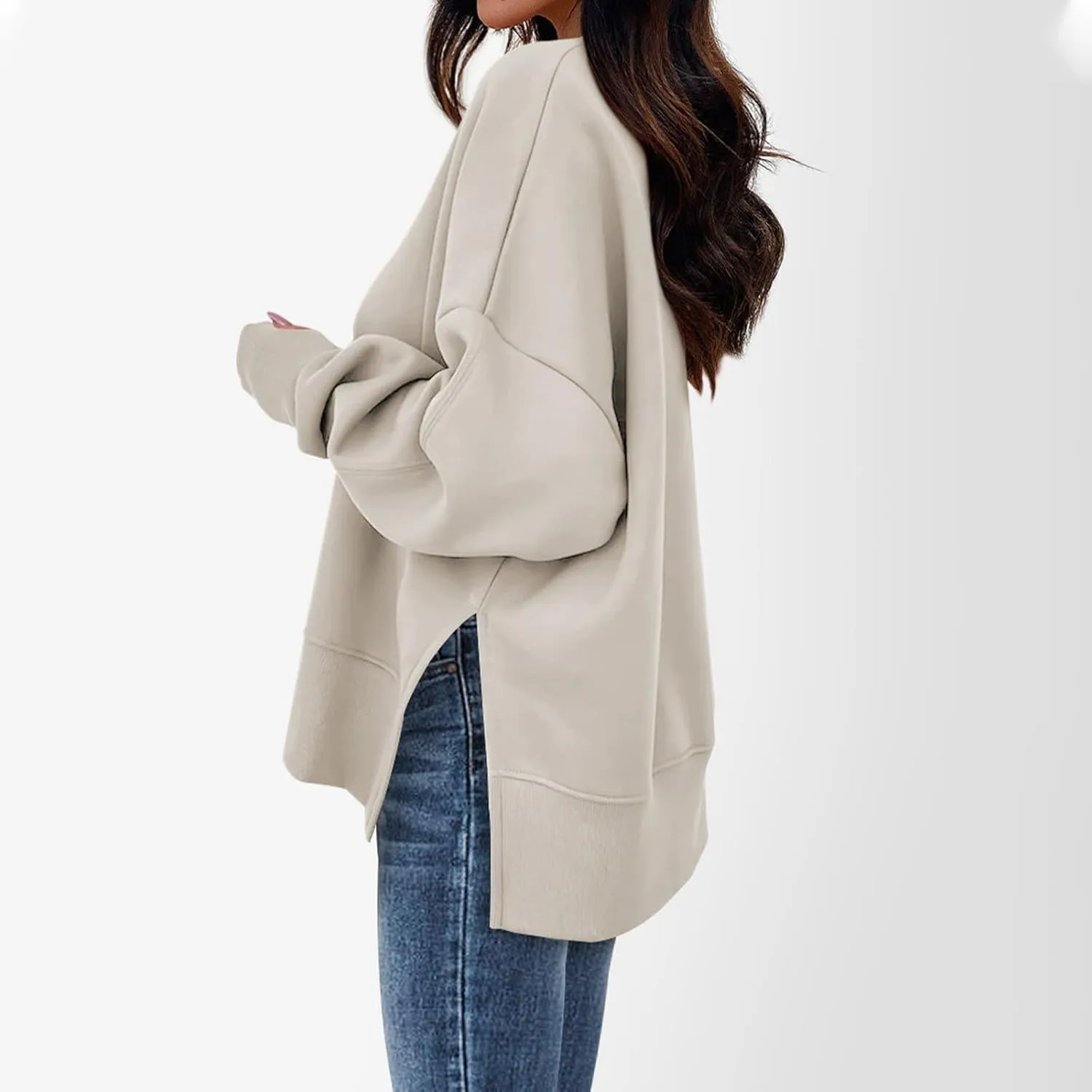 Oversized Crewneck Sweatshirts Women Side Slit Sweatshirt Cute Y2k Tops Preppy Long Sleeve Sweatshirt with Thumb Holes