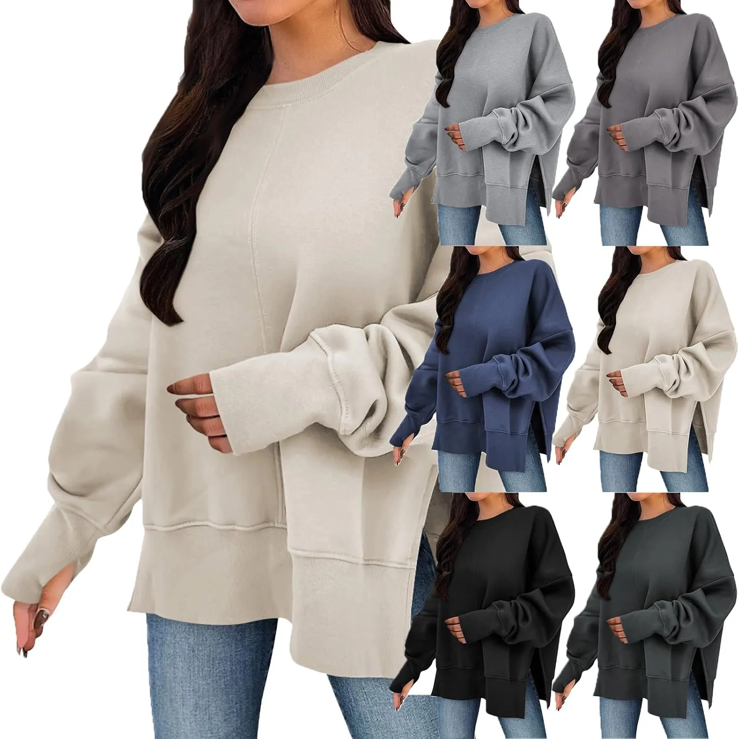 Oversized Crewneck Sweatshirts Women Side Slit Sweatshirt Cute Y2k Tops Preppy Long Sleeve Sweatshirt with Thumb Holes