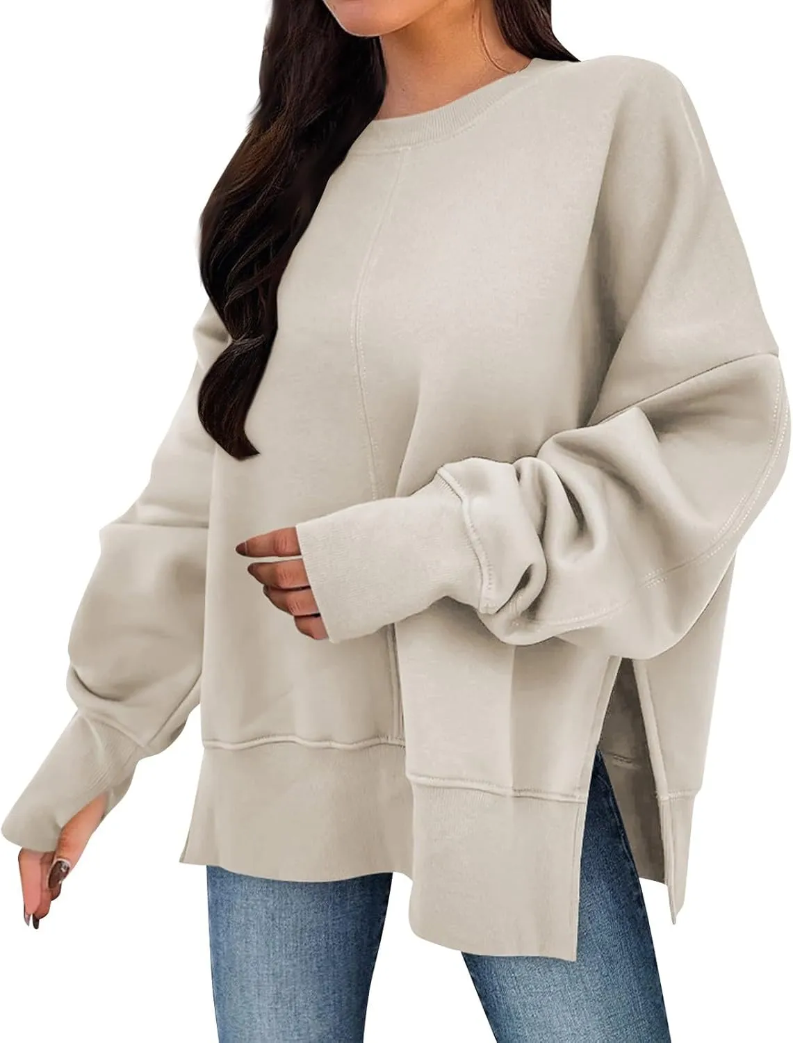 Oversized Crewneck Sweatshirts Women Side Slit Sweatshirt Cute Y2k Tops Preppy Long Sleeve Sweatshirt with Thumb Holes