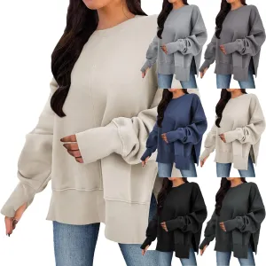 Oversized Crewneck Sweatshirts Women Side Slit Sweatshirt Cute Y2k Tops Preppy Long Sleeve Sweatshirt with Thumb Holes