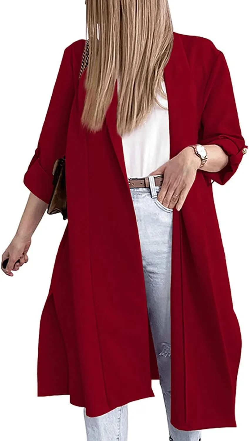 Oversized Long Blazer Cardigans for Women Open Front Ankle Length Long Sleeve Trench Coats Casual Dressy Outwear