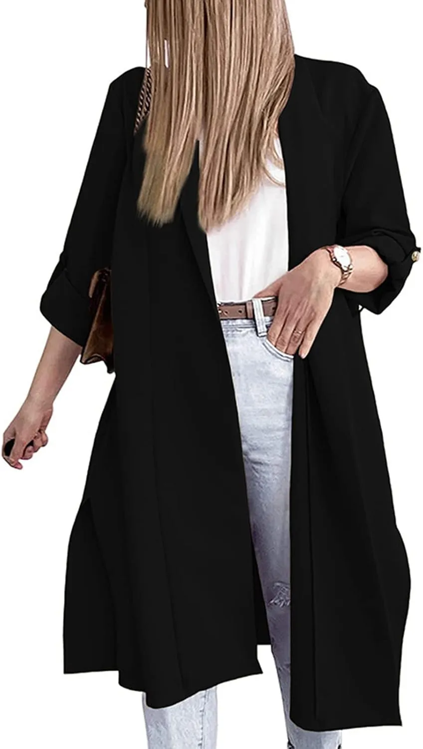 Oversized Long Blazer Cardigans for Women Open Front Ankle Length Long Sleeve Trench Coats Casual Dressy Outwear