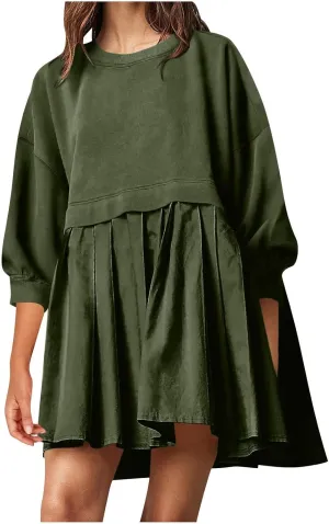 Oversized Sweatshirt Mini Dress for Women 2024 Fall, 3/4 Length Sleeve Crewneck Pullover Tops Loose Fit
