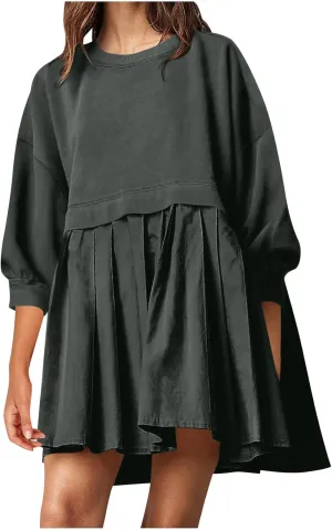 Oversized Sweatshirt Mini Dress for Women 2024 Fall, 3/4 Length Sleeve Crewneck Pullover Tops Loose Fit
