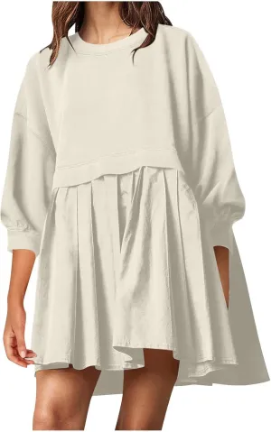 Oversized Sweatshirt Mini Dress for Women 2024 Fall, 3/4 Length Sleeve Crewneck Pullover Tops Loose Fit