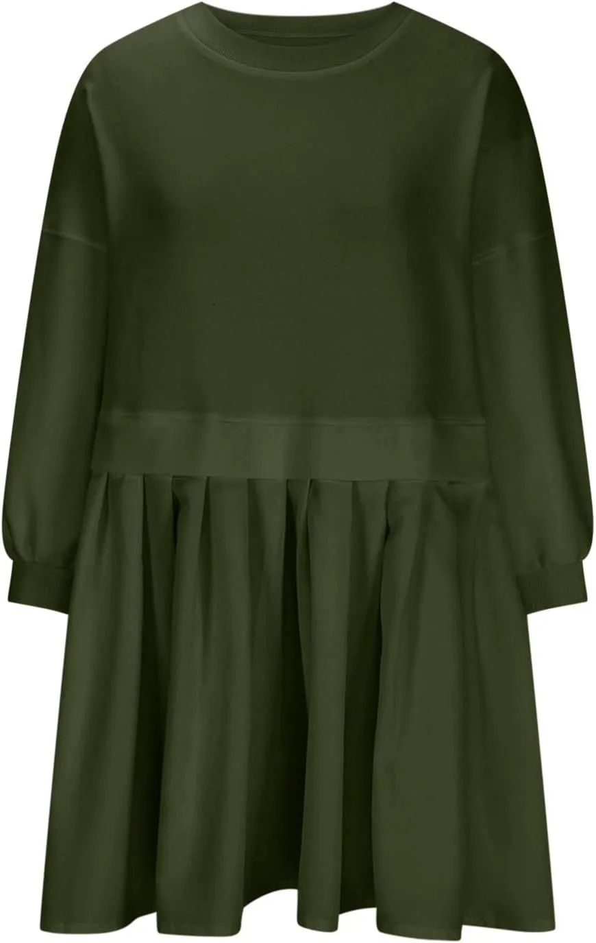 Oversized Sweatshirt Mini Dress for Women 2024 Fall, 3/4 Length Sleeve Crewneck Pullover Tops Loose Fit