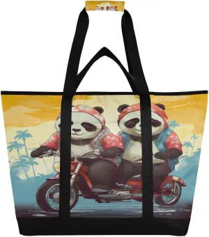 Pandas Riding Bike Tote Bag for Women with Zipper Reusable Grocery Bags Foldable Insulated Cooler Bag Totes Handbags Shopping Bags for Groceries Travel Beach Work Picnic